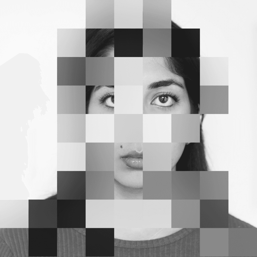 a photo of Unnati, with select pixel groups redacted