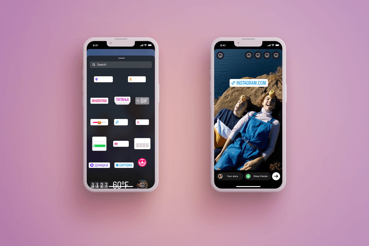 screenshot of Instagram app on a pale pink background